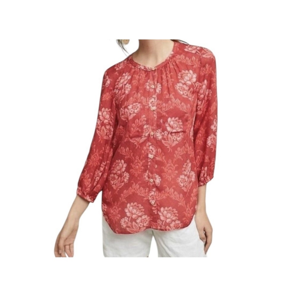 ANTHROPOLOGIE Akemi + Kin Peasant Top Womens Small Orange Floral Cottagecore‎